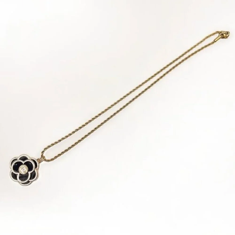 CHANEL CC Charm Pendant Camellia Black on Necklace Gold Plated Chain - Picture 6 of 10